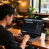 独立开发者王睿在咖啡馆敲代码的场景，MacBook屏幕上显示着6686体育API的调试界面。